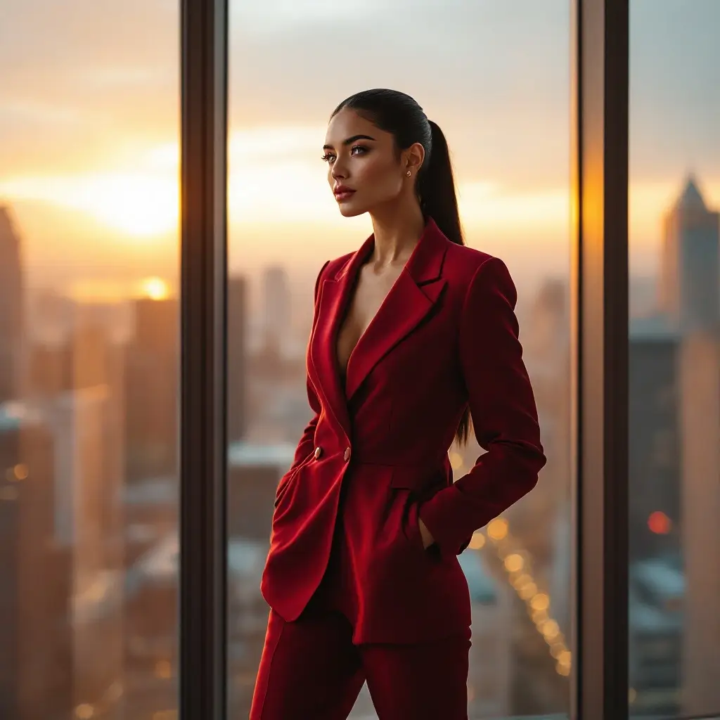 Mulher de pele clara, toda maquiada e utilizando roupa social vermelha.