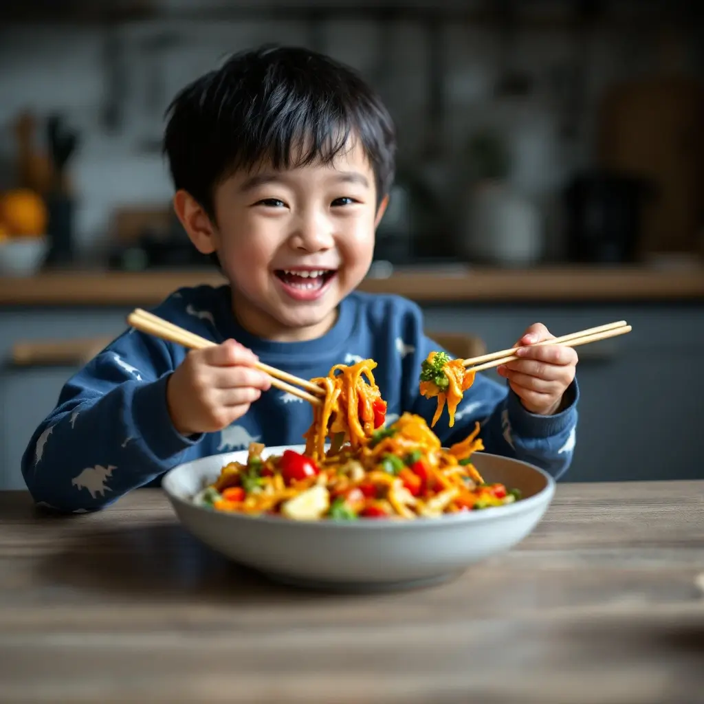 Uma criança comendo um prato colorido e saudável, com um sorriso no rosto.