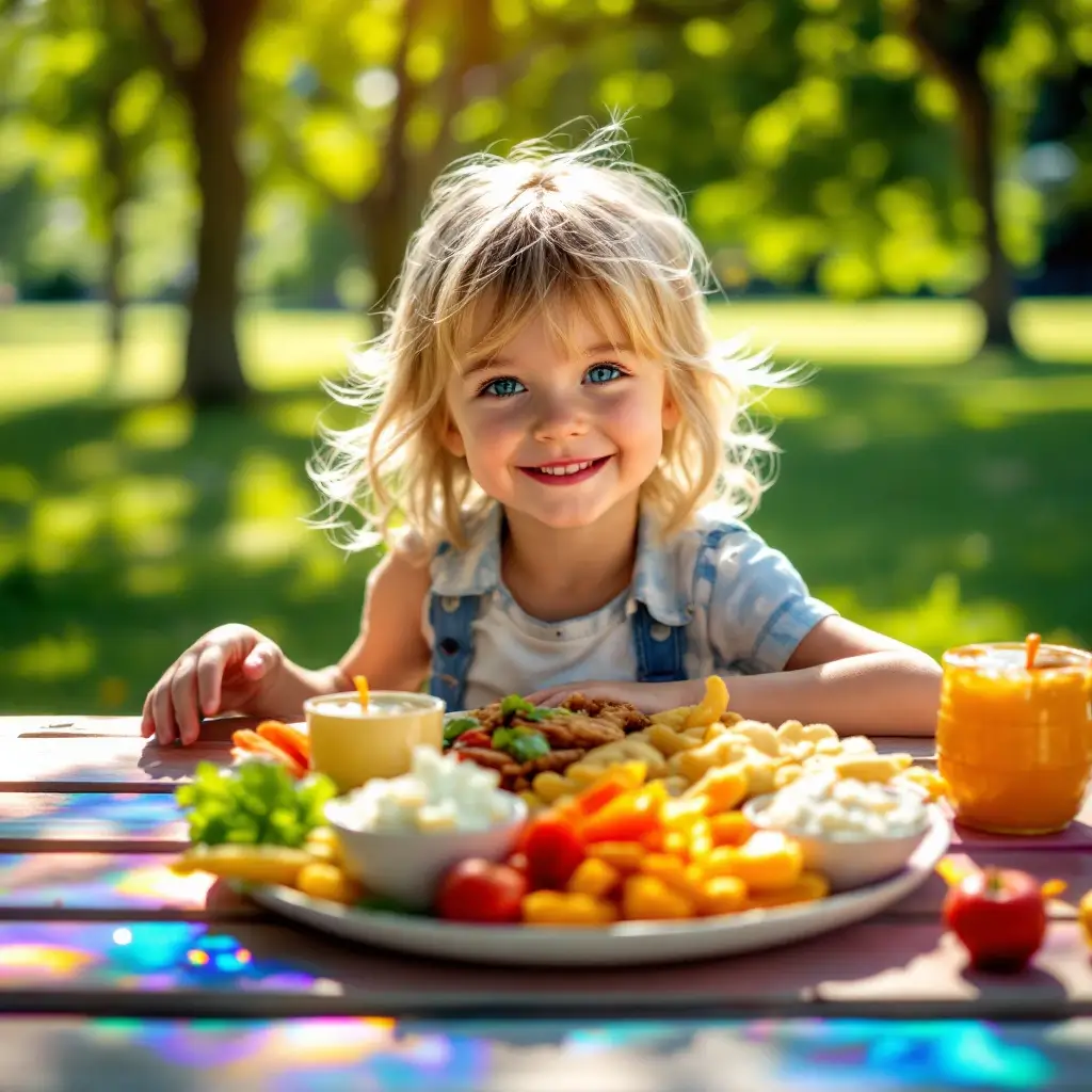 Um prato infantil colorido e bem montado, com alimentos dos diferentes grupos.